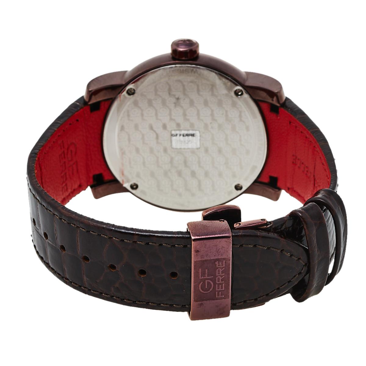 GF Ferre Brown IP-beschichtetes Edelstahl-Leder 9104M Herren-Armbanduhr 44 mm 1
