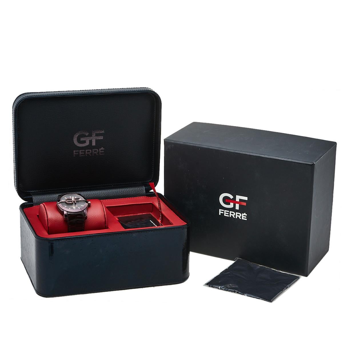 GF Ferre Brown IP-beschichtetes Edelstahl-Leder 9104M Herren-Armbanduhr 44 mm 4