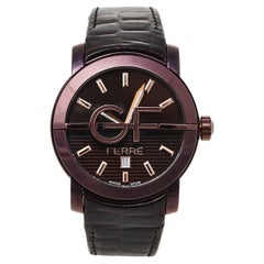 Montre-bracelet pour homme GF Ferre en cuir inoxydable recouvert IP marron 9104M, 44 mm