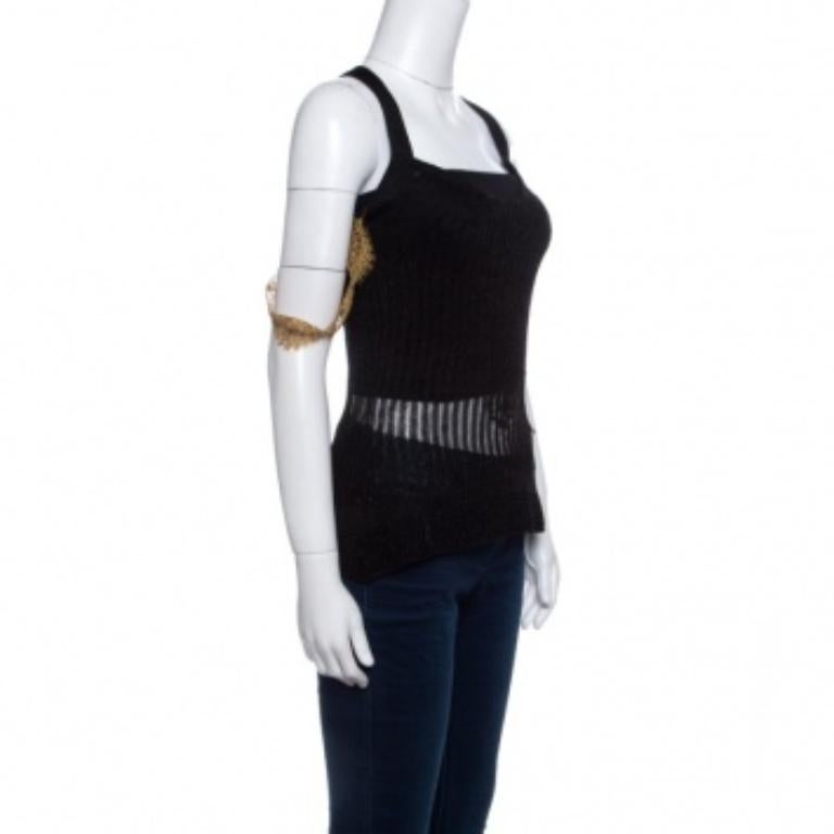 Nero GF Ferre Metallic Black Scallop Lace Strap Detail Perforated Knit Top S in vendita