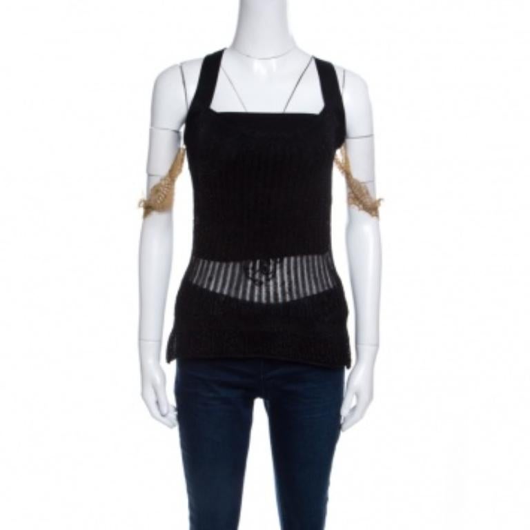 GF Ferre Metallic Black Scallop Lace Strap Detail Perforated Knit Top S In condizioni buone in vendita a Dubai, Al Qouz 2