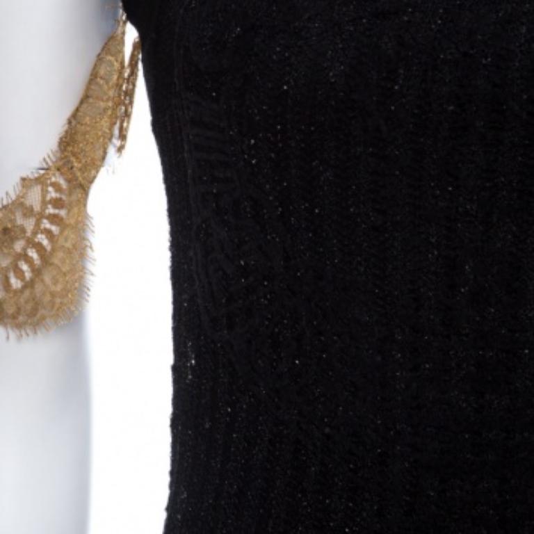 Donna GF Ferre Metallic Black Scallop Lace Strap Detail Perforated Knit Top S in vendita
