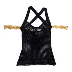 GF Ferre Metallic Black Scallop Lace Strap Detail Perforated Knit Top S