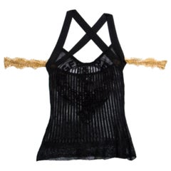 GF Ferre Metallic Black Scallop Lace Strap Detail Perforated Knit Top S