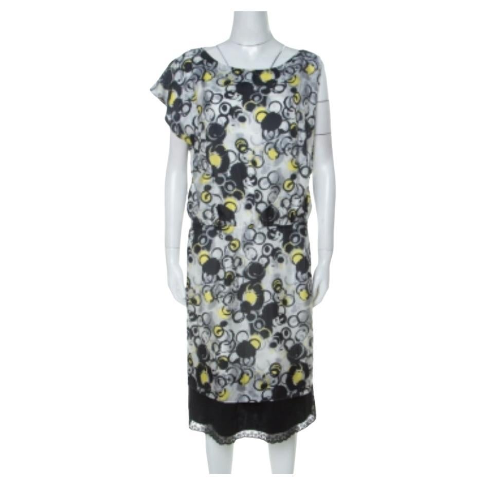 GF Ferre - Robe asymétrique en soie imprimée cercle multicolore avec détails en dentelle en vente