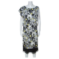 GF Ferre Multicolor circle Print Silk Lace Detail Asymmetric Shoulder Dress L