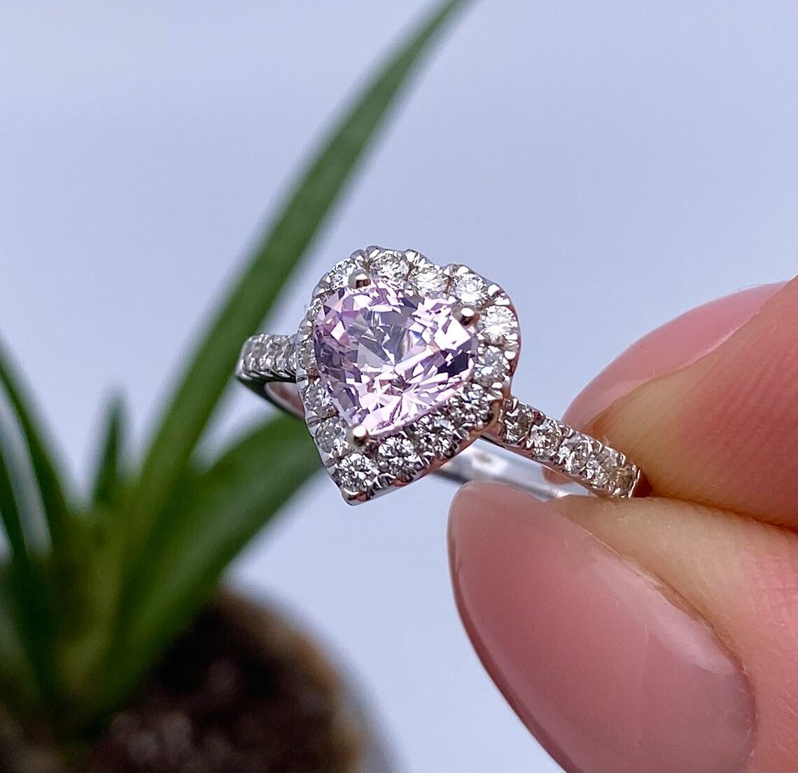 Heart Cut Ring GFCO 1.47Ct Natural Spinel and Diamonds, 14 Karat White Gold, 7US For Sale