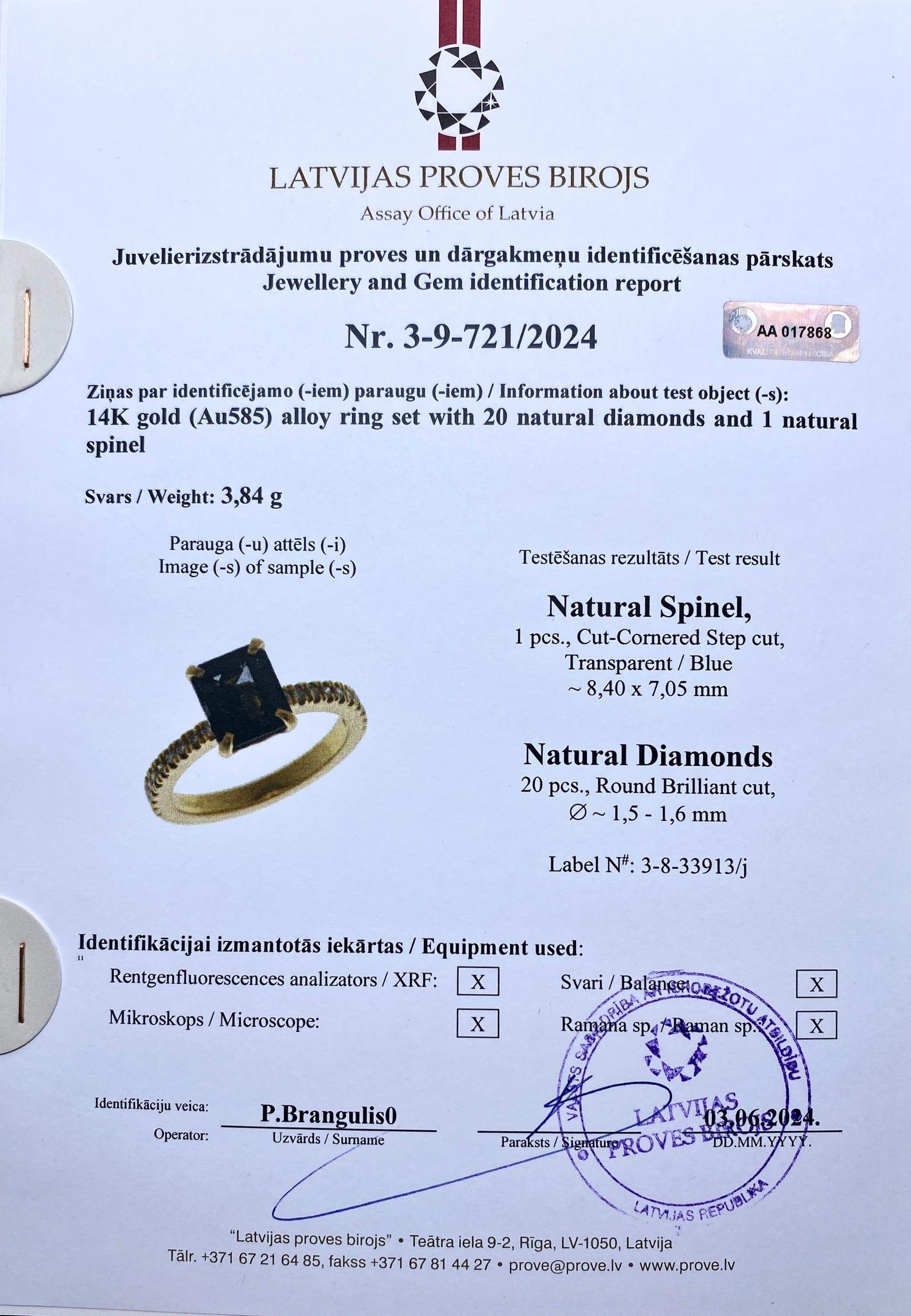 GFCO, spinelle bleue naturelle de 2,45 carats et diamants, or jaune massif 14 carats, 7US Pour femmes en vente