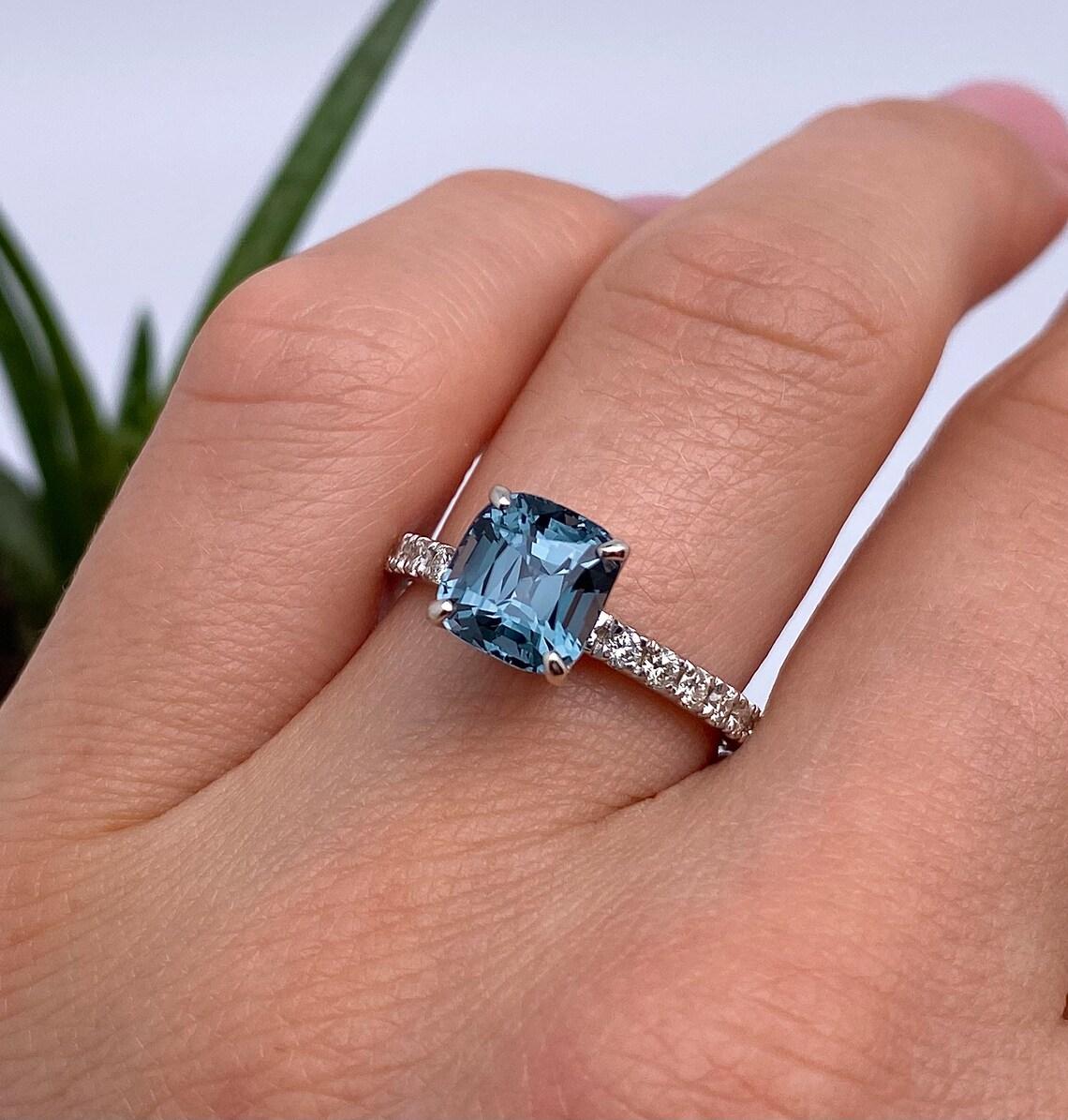Cushion Cut Ring, GFCO 2.53ct Natural Blue Spinel and Diamonds, 14 Karat White Gold, 7US For Sale