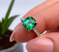 GFCO 3.32Ct Natural Tourmaline Lagoon and Diamonds, 14 Karat White Gold, 7US