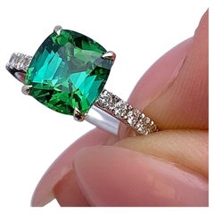 GFCO 3.32Ct Natural Tourmaline Lagoon and Diamonds, 14 Karat White Gold, 7US
