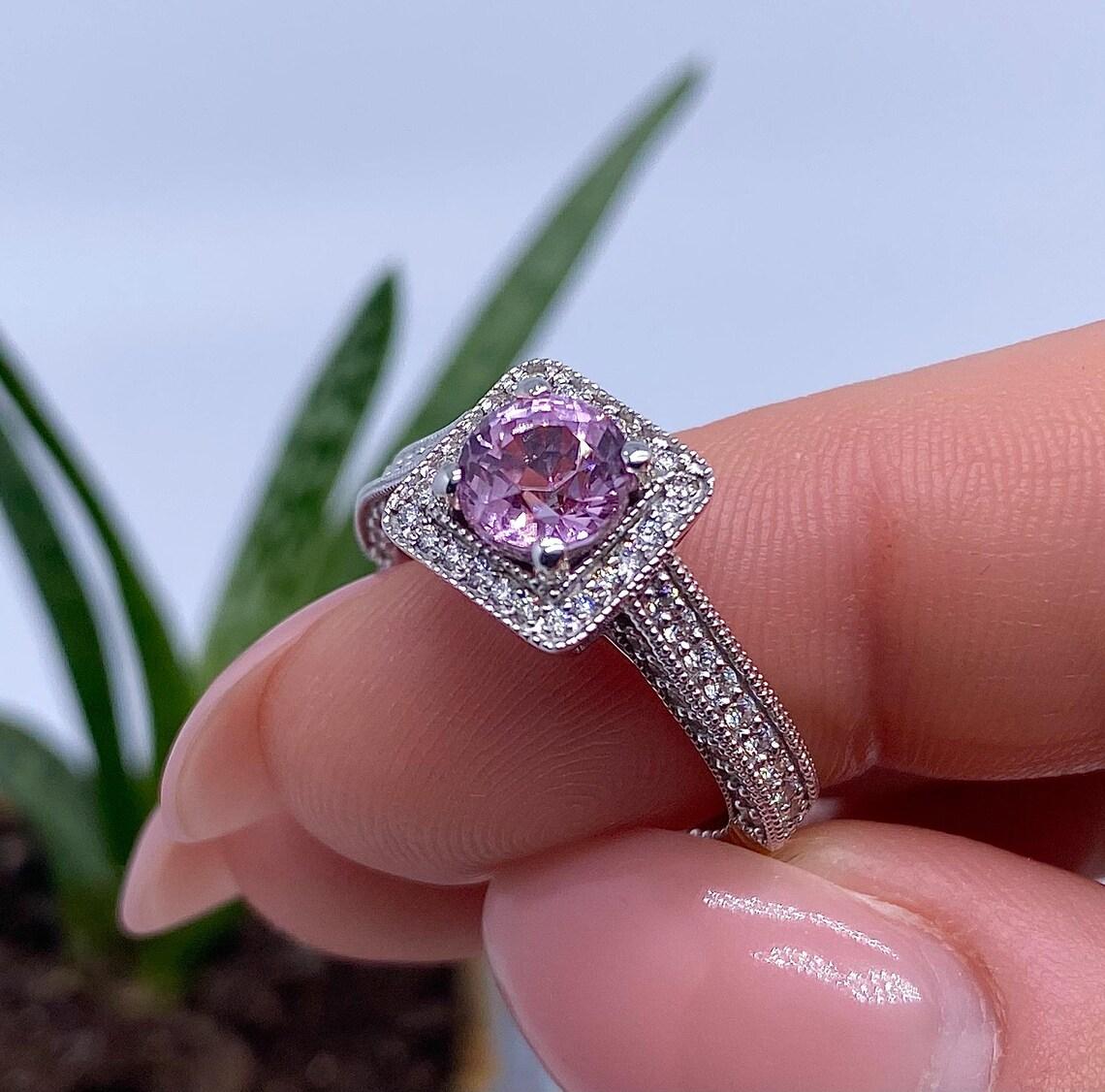 Natural Spinel and Diamonds gemstone
14 Karat White Gold Ring

Laboratory full certificate for the ring.
Spinel have own certificate GFCO
Main Stone: Spinel
Main Stone Creation: Natural
Main Stone Color: pink
Main Stone Origin: Burma
Main stone