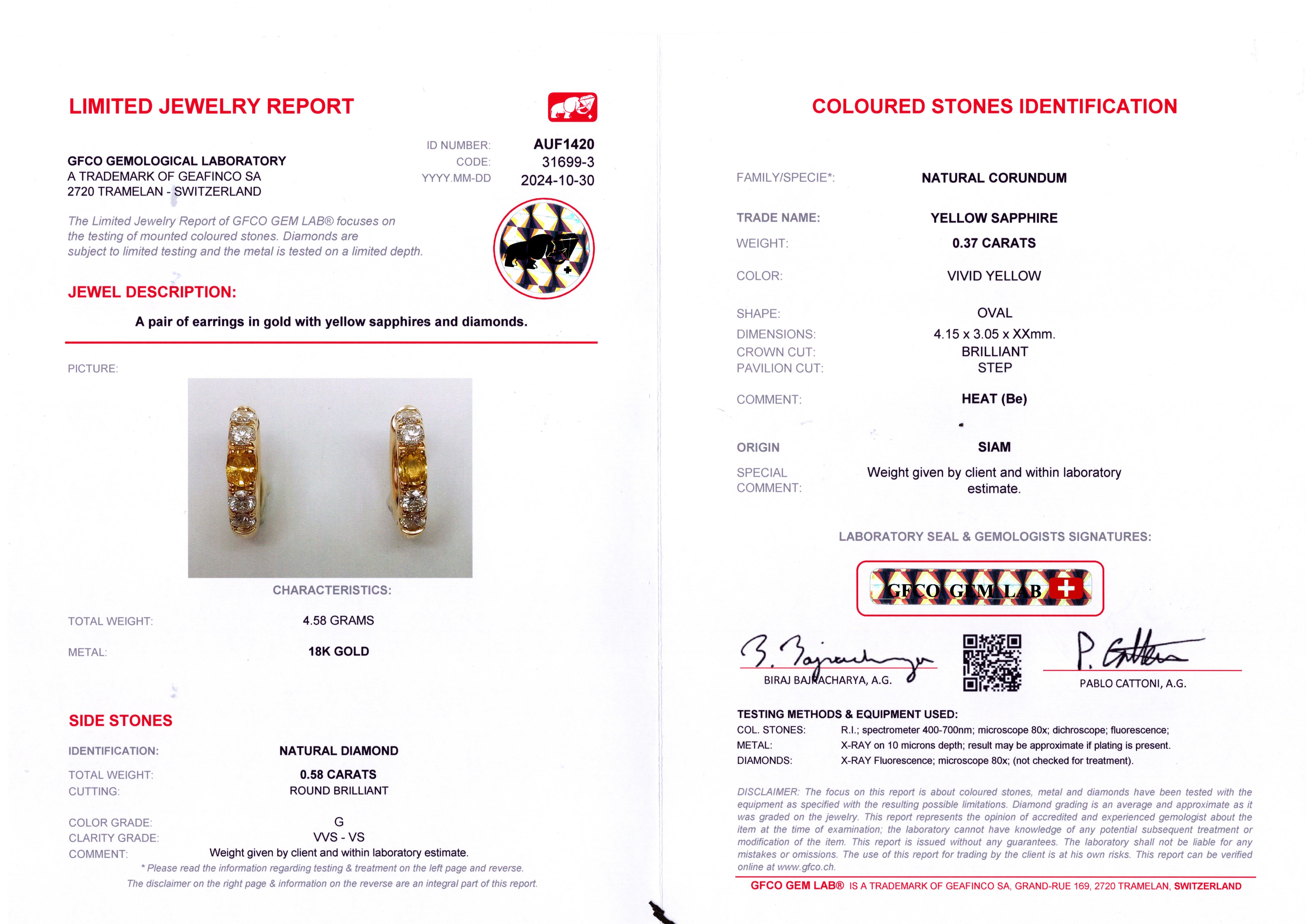 GFCO Certified 0.37 Carat Yellow Sapphire Earrings For Sale 2