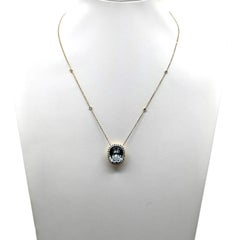 GFCO Certified 11.91 Carat Aquamarine, Round Diamond, Yellow Gold Necklace