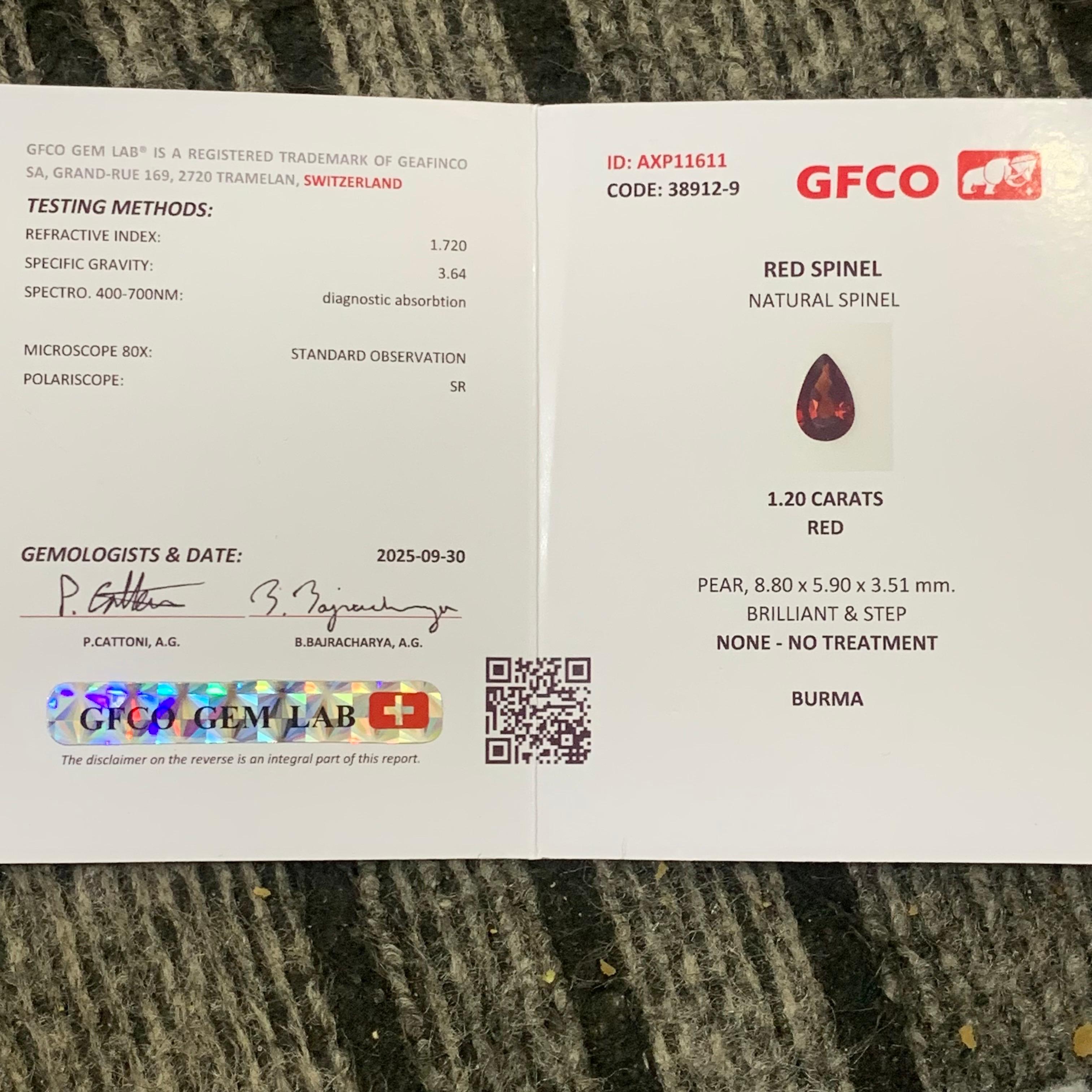 GFCO zertifiziert 1,20 Karat natürlichen losen roten Spinell Birne Form Edelstein im Angebot 5