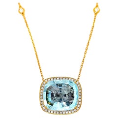 Collier en or jaune avec aigue-marine certifiée GFCO de 14,25 carats et diamant rond