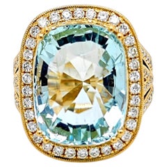 GFCO zertifiziert 16,23 Karat Aquamarin Runde Diamant Gelbgold Ring