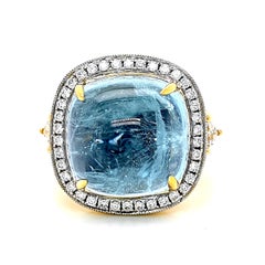 GFCO Certified 17.47 Carat Aquamarine Fancy and Round Diamond Yellow Gold Ring