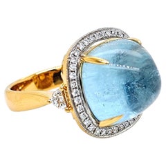 GFCO Certified 17.47 Carat Aquamarine Fancy and Round Diamond Yellow Gold Ring