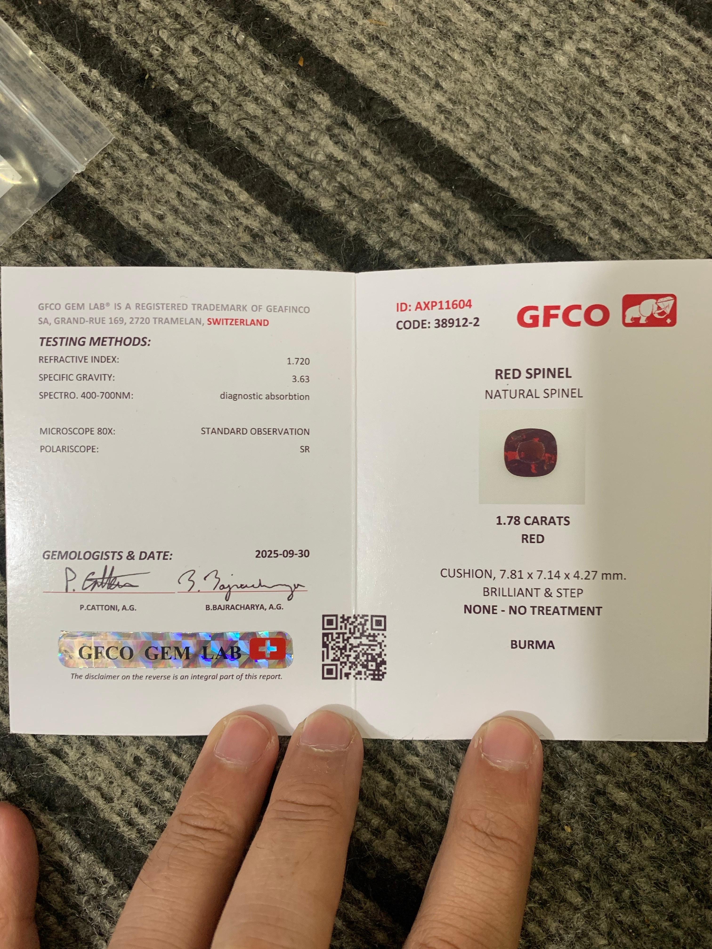 GFCO Certified 1.78 Carat Natural Loose Burmese Red Spinel Gemstone For Sale 3