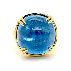 GFCO Certified 28.54 Carat Aquamarine Round Diamond Yellow Gold Ring