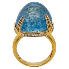 GFCO Certified 28.54 Carat Aquamarine Round Diamond Yellow Gold Ring