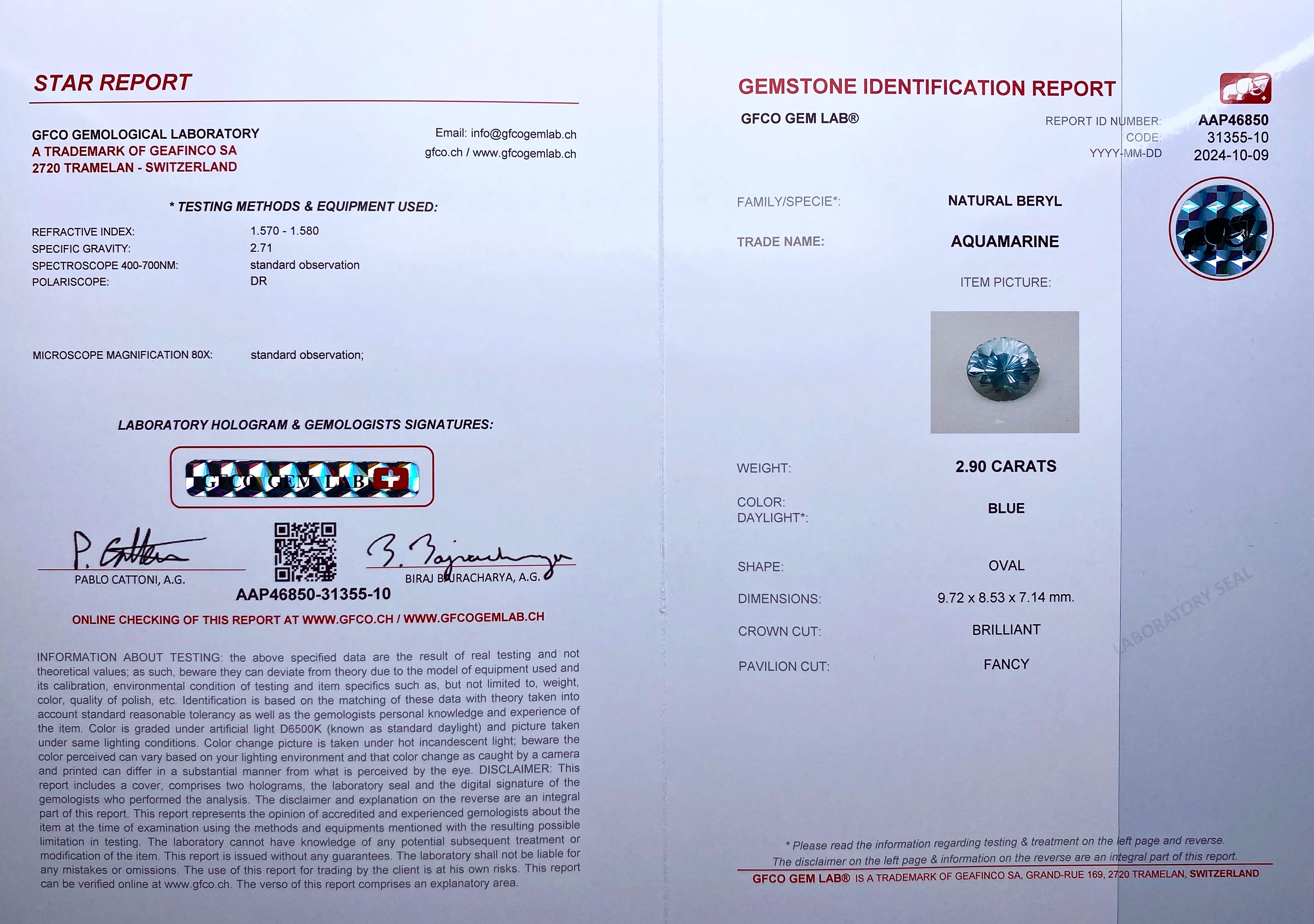 Women's or Men's GFCO Certified 2.90Ct Natural Aquamarine gemstone, Oval Fancy cut, Madagascar For Sale