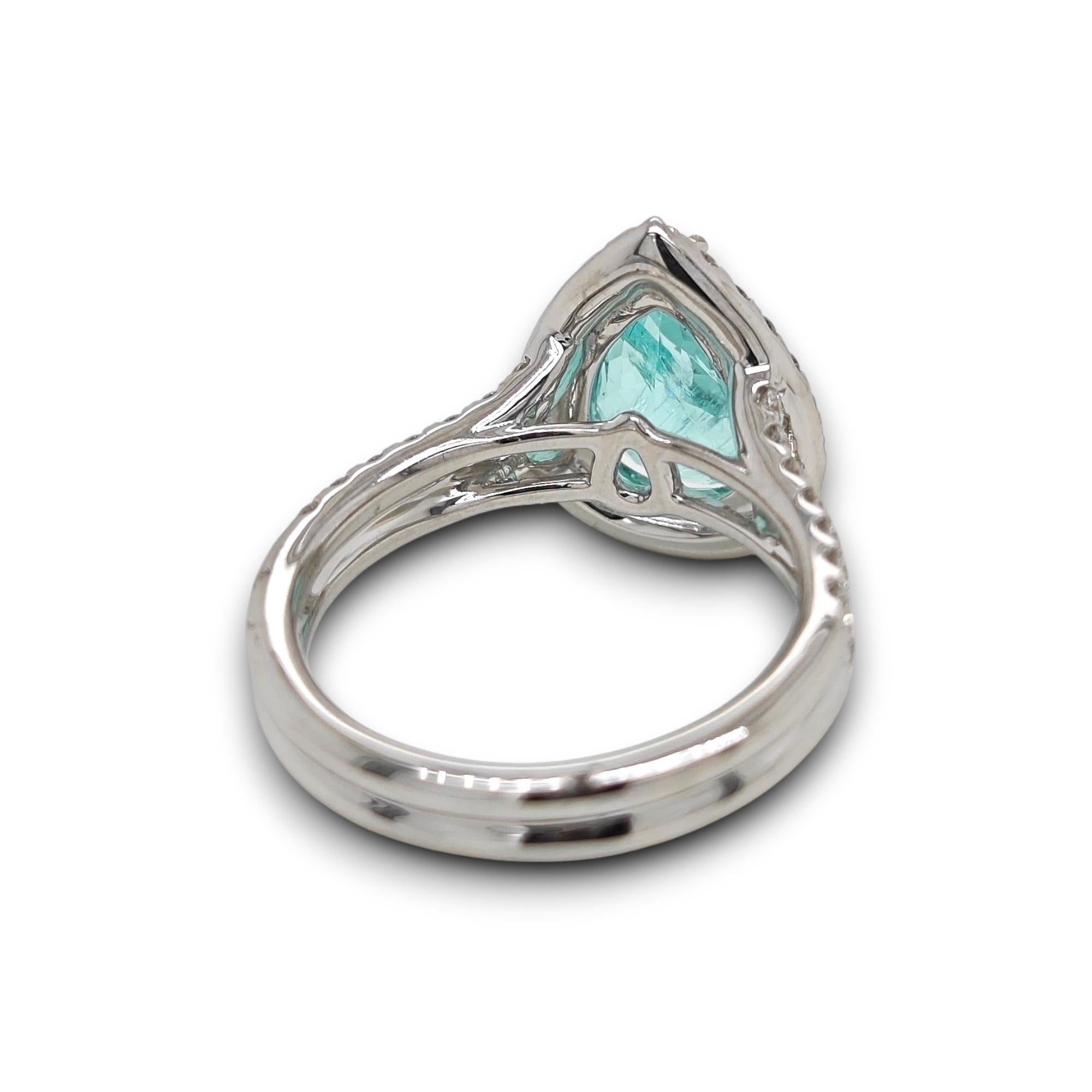 1 Tourmaline Paraiba : 2,59 carats
50 diamants blancs ronds : 0.73 Carats
Métal : or blanc 18 carats, 6,10 grammes

Laboratoire GFCO GEM : AAP57359