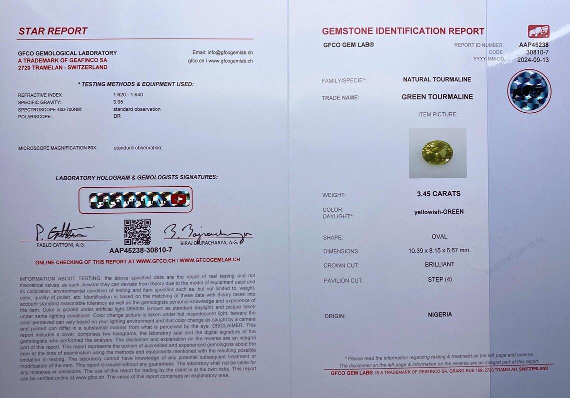 Pierre précieuse Tourmaline Naturelle certifiée GFCO de 3.45ct, taille ovale, 10.39x8.15x6.67mm. Unisexe en vente