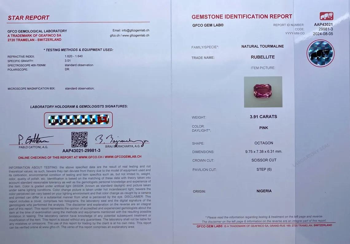 Gemma tormalina rubellite naturale certificata GFCO 3,91ct, taglio a forbice. In condizioni Nuovo in vendita a Daugavpils, LV