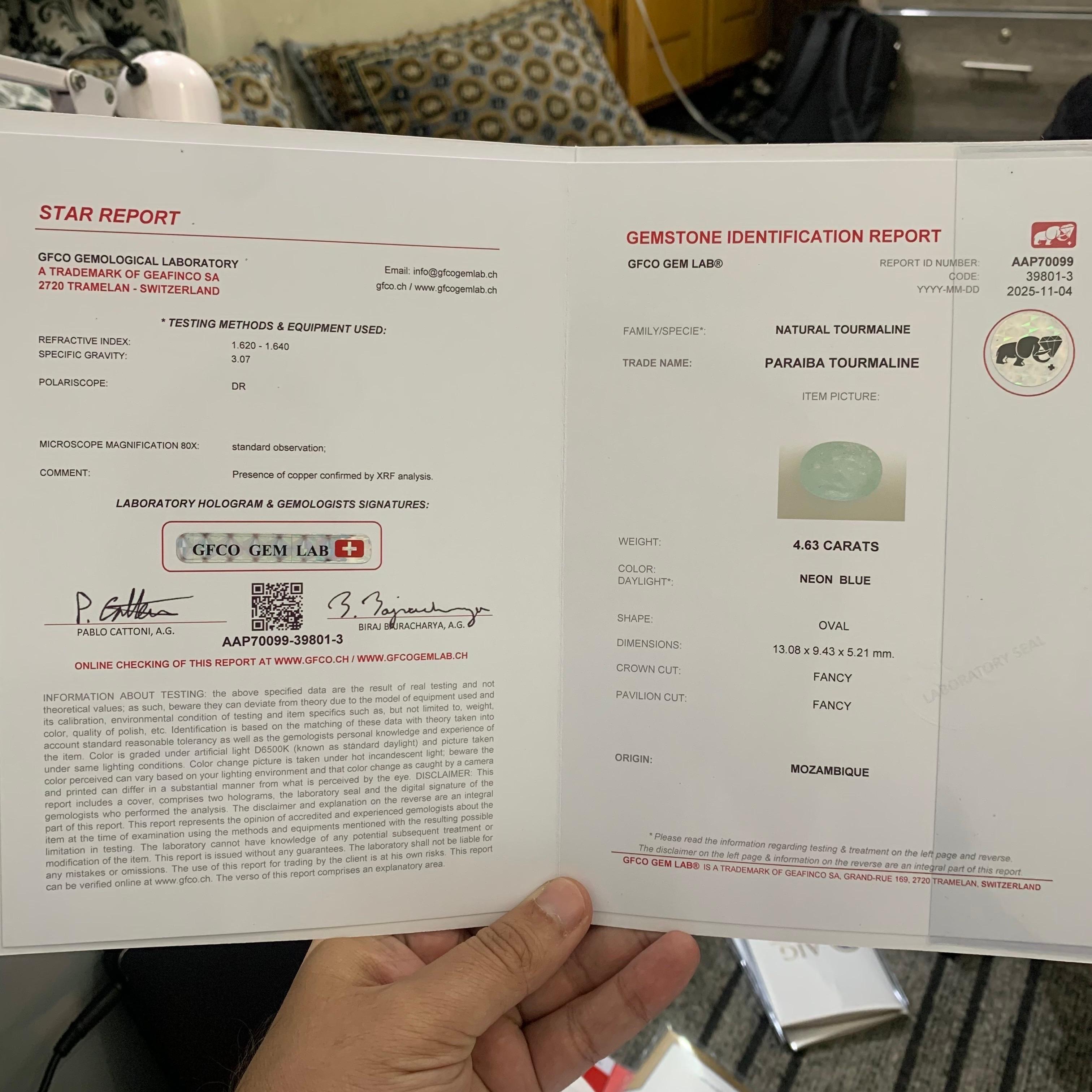 GFCO-zertifiziert 4.63 Karat natürliche lose Paraiba Turmalin Oval Form Edelstein im Angebot 7