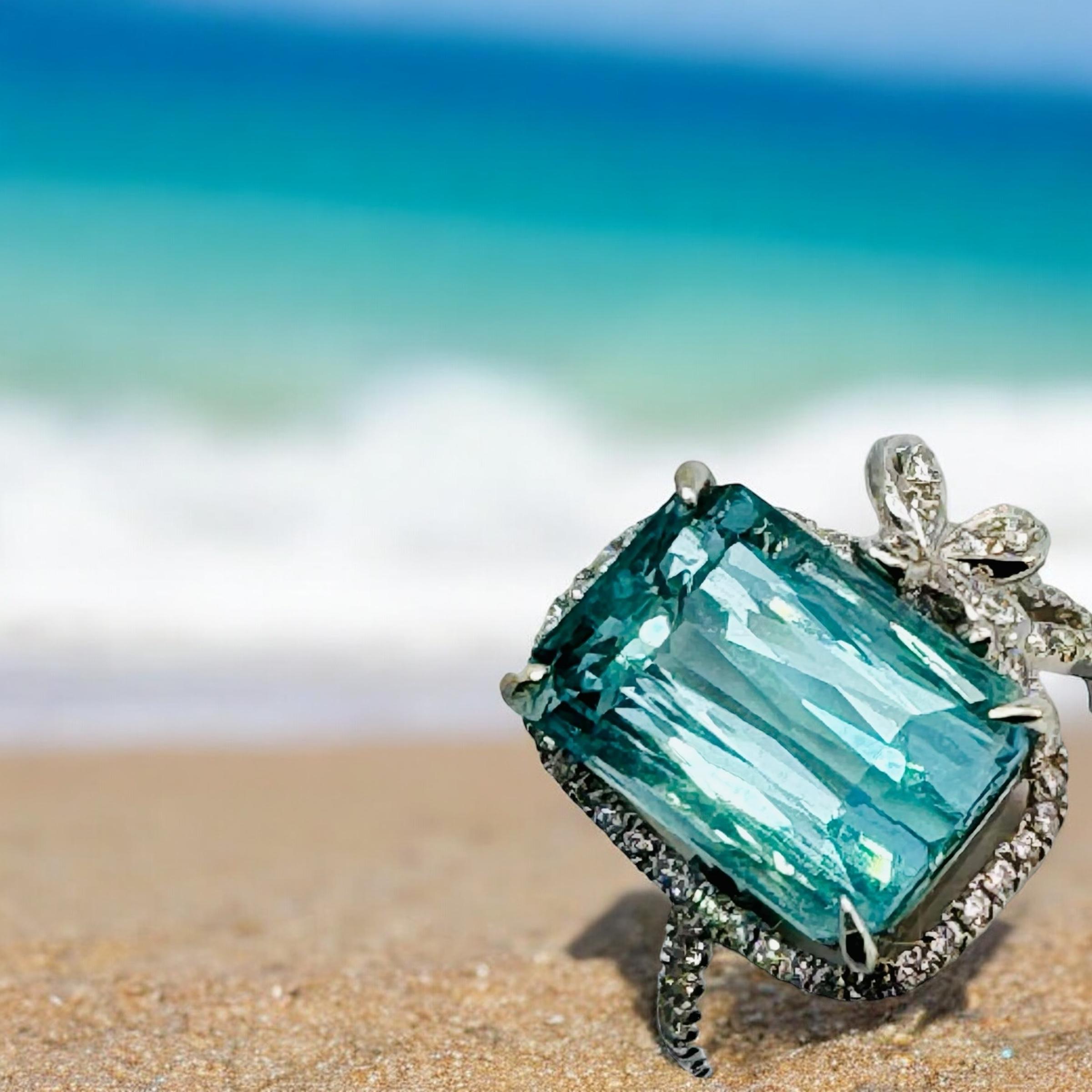 GFCO-zertifizierter 7,02 Karat Aquamarin- und Diamant-Kleidring (Kissenschliff) im Angebot