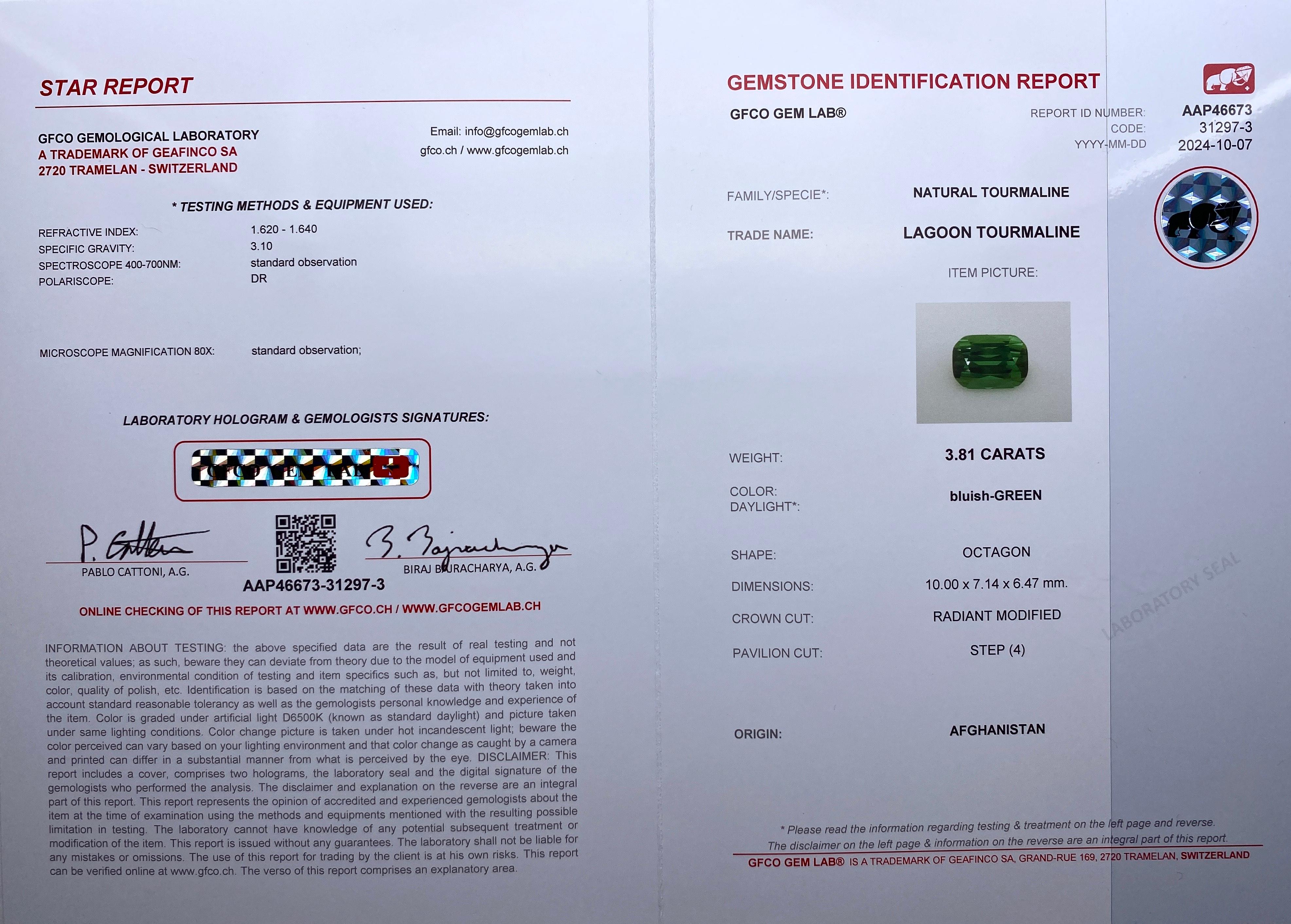 Gemma nazionale certificata GFCO 3,81ct Lagoon Tourmaline, ottagono, Afghanistan in vendita 1