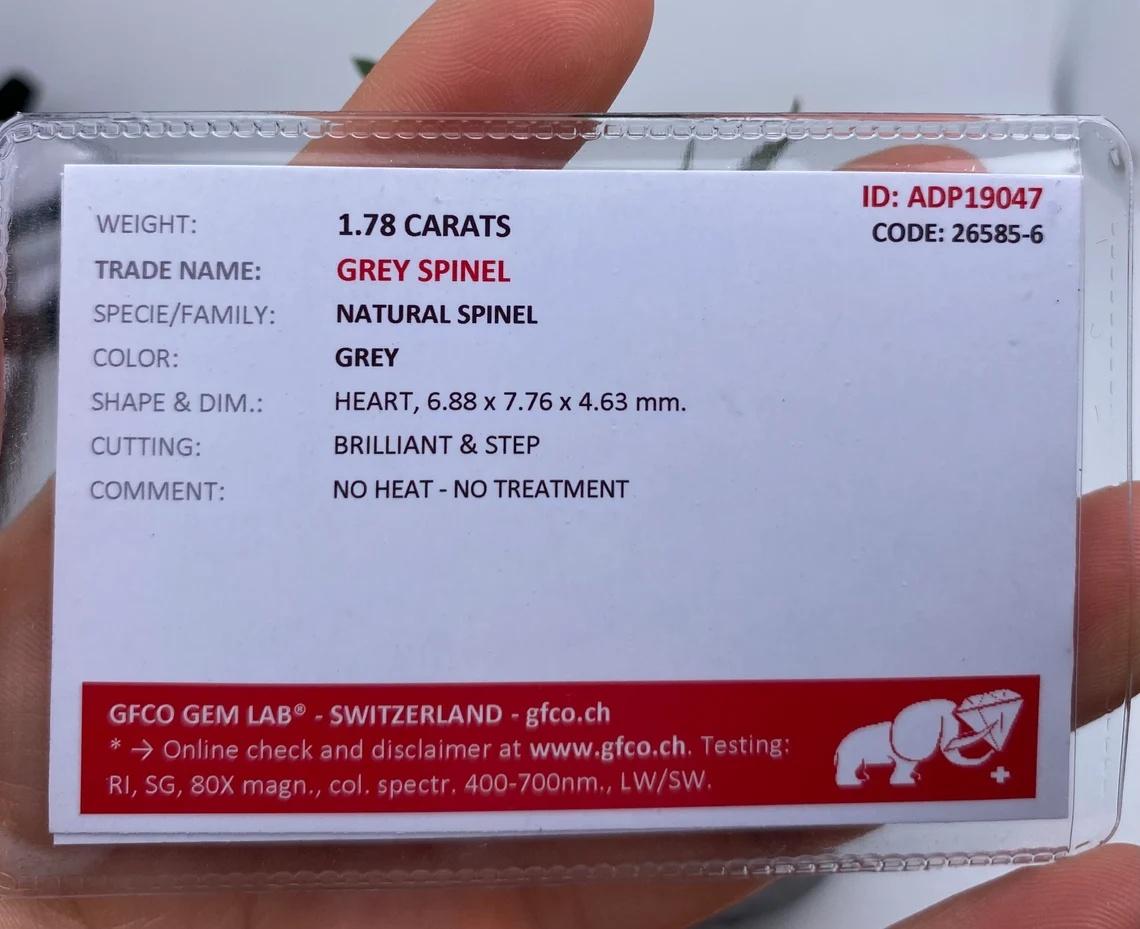 Gemma Spinello Grigio certificata GFCO da 1,78 carati, taglio a cuore, Tanzania in vendita 1