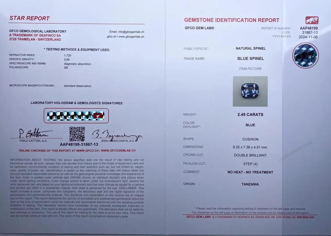 Pierre précieuse spinelle bleue de 2,45 carats certifiée par le GFCO, coussin, Tanzanie Neuf - En vente à Daugavpils, LV