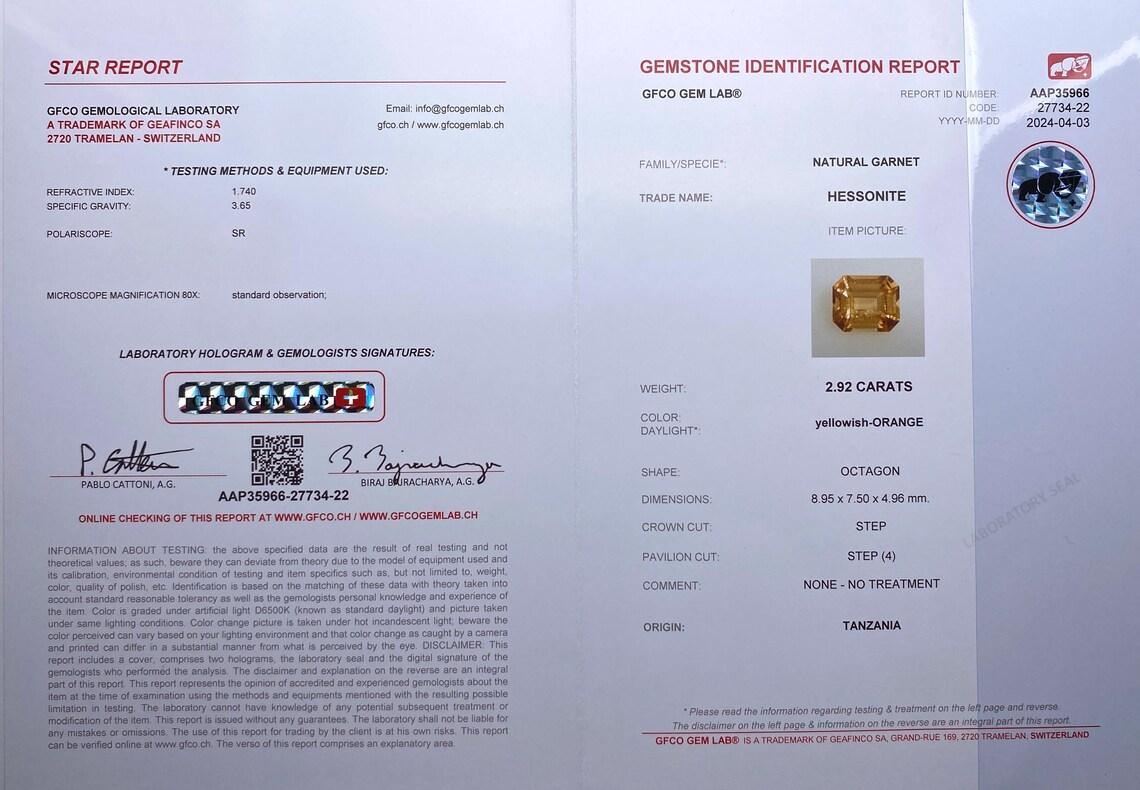 Pierre précieuse grenat hessonite naturelle certifiée GFCO de 2,92 carats, taille octogonale. Tanzanie. en vente 2