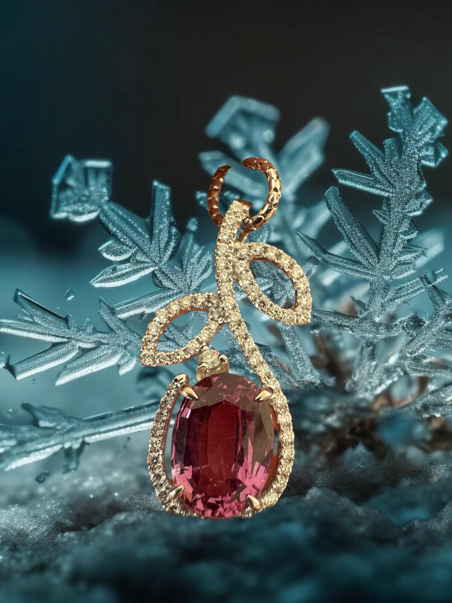 Ciondolo a forma di foglia con zaffiro rosa e diamante, certificato GFCO in vendita 1