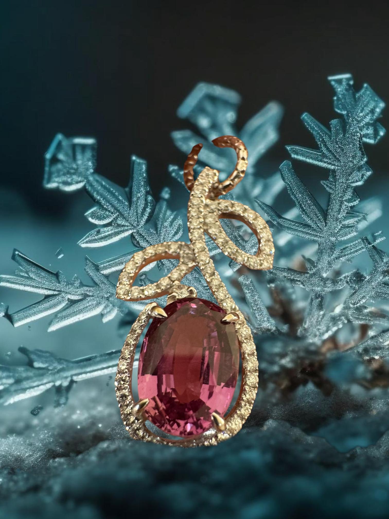 Ciondolo a forma di foglia con zaffiro rosa e diamante, certificato GFCO in vendita 2