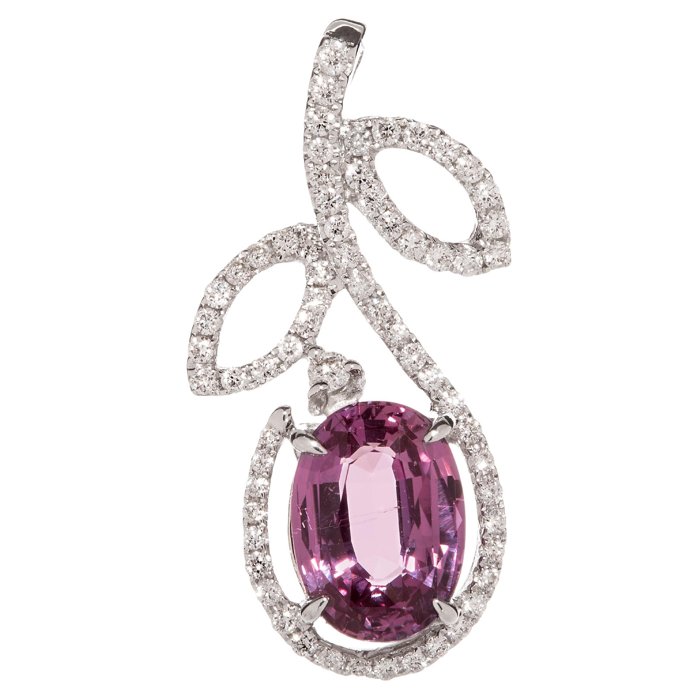 Ciondolo a forma di foglia con zaffiro rosa e diamante, certificato GFCO