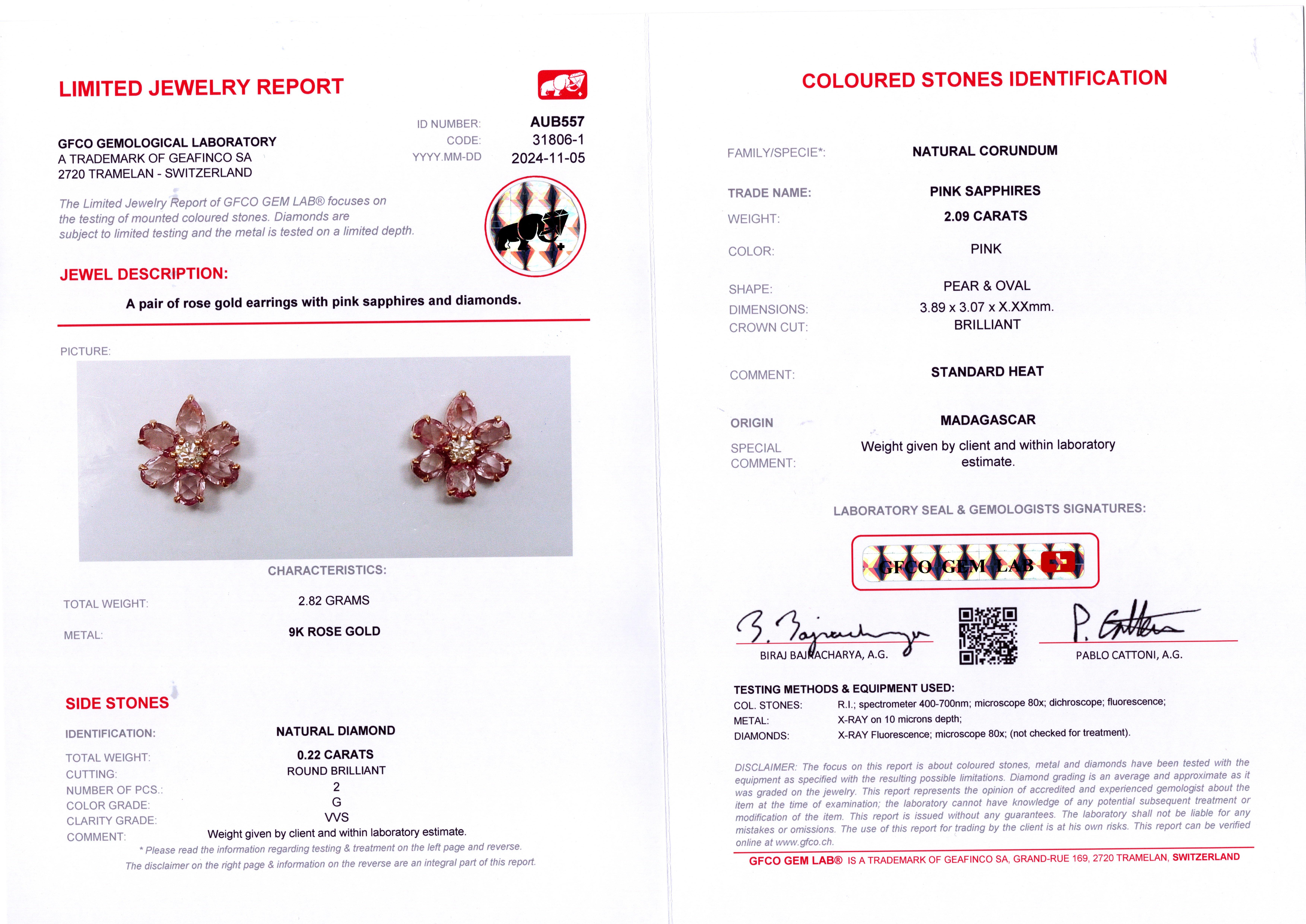 Orecchino con zaffiro rosa certificato GFCO in vendita 4