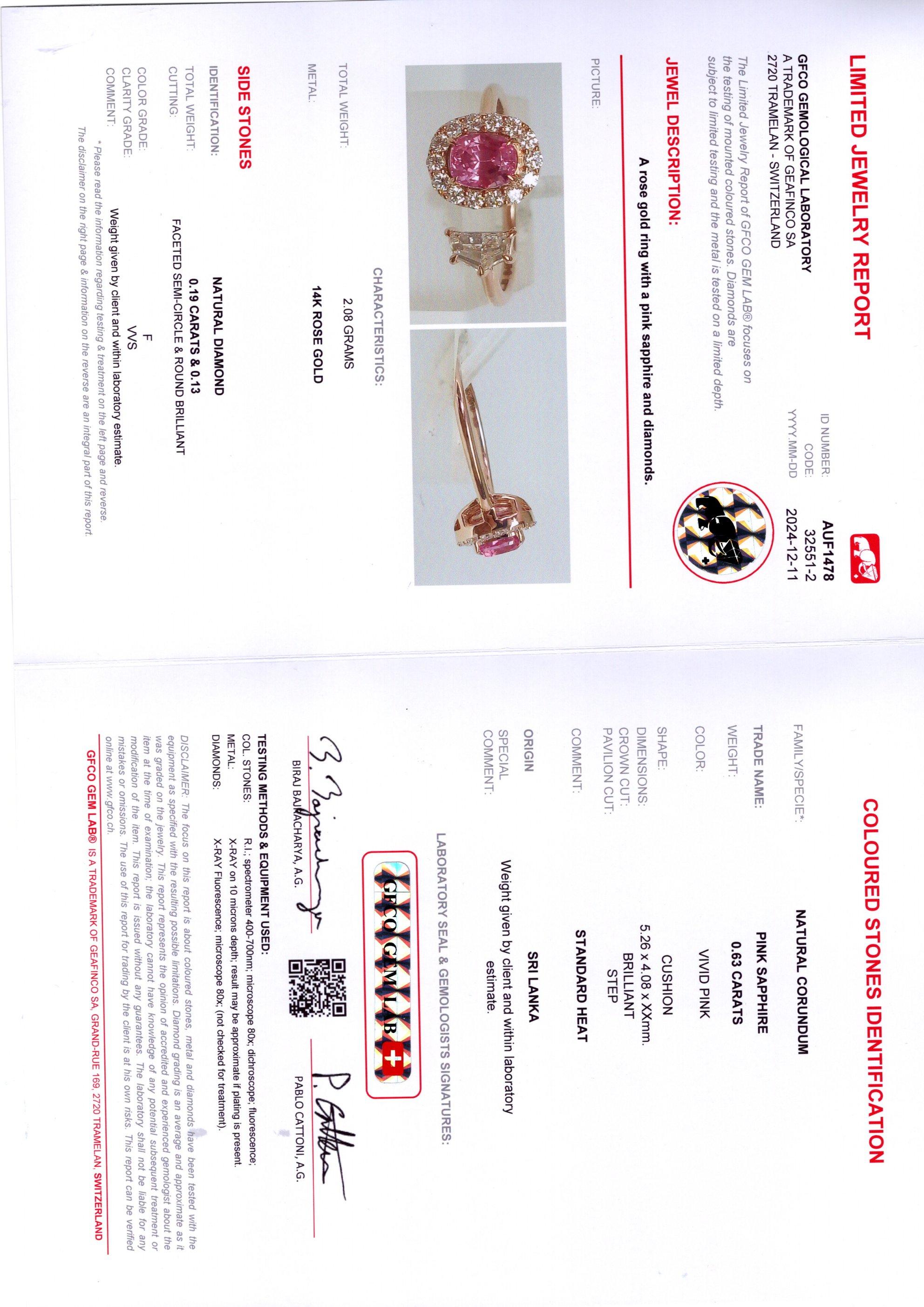 Anello con zaffiro rosa certificato GFCO in vendita 4