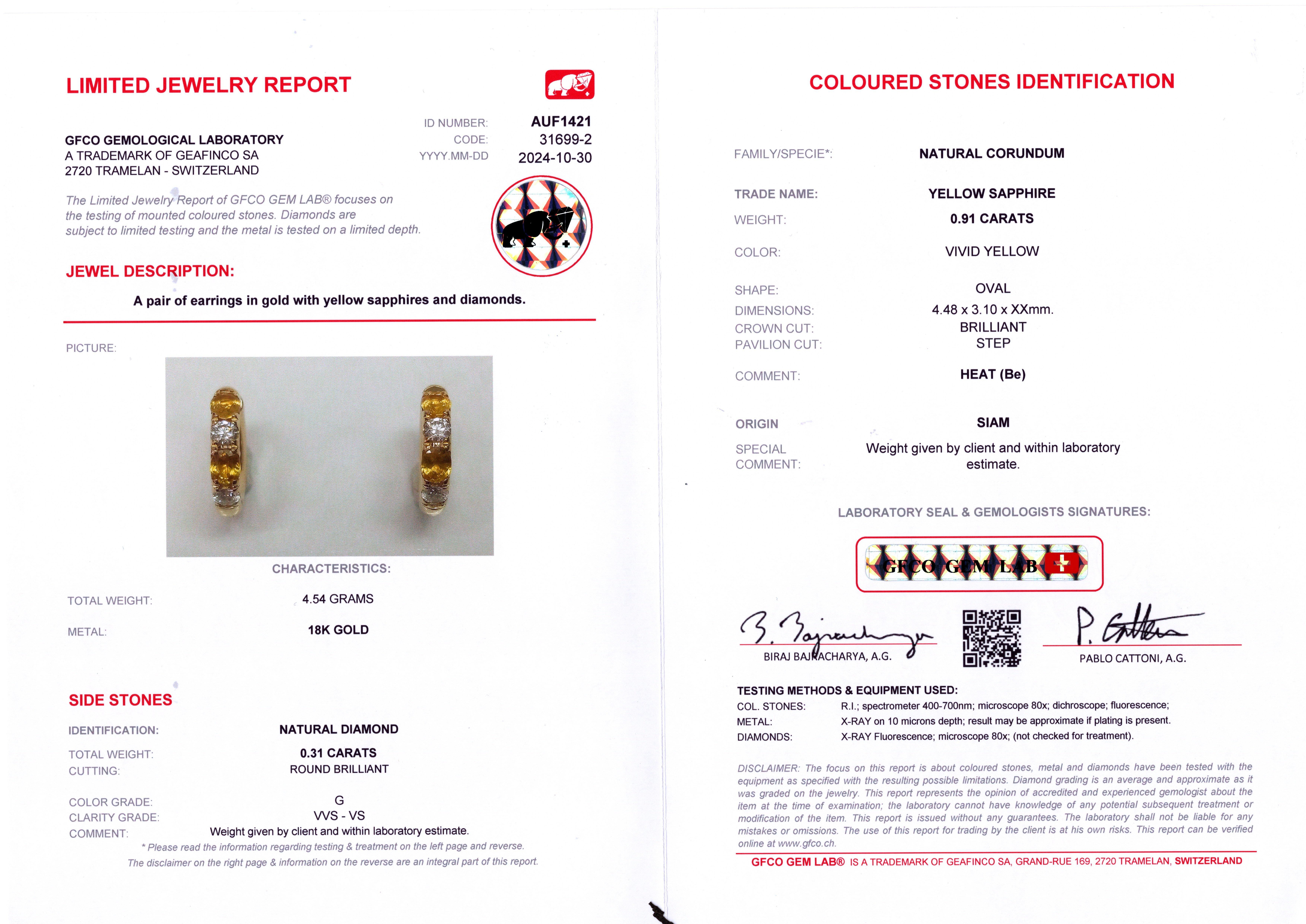 Orecchini con zaffiro giallo certificati GFCO in vendita 1