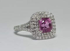 GFCO Unheated Padparadscha 2.15 Ct Sapphire Double Halo Diamond 18K White Gold
