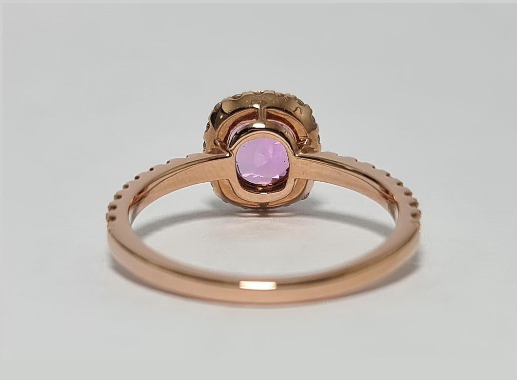 GFCO Unheated Pink 1.51 CT Sapphire Diamond Halo Rose 18K Gold Ring In New Condition For Sale In Los Angeles, CA