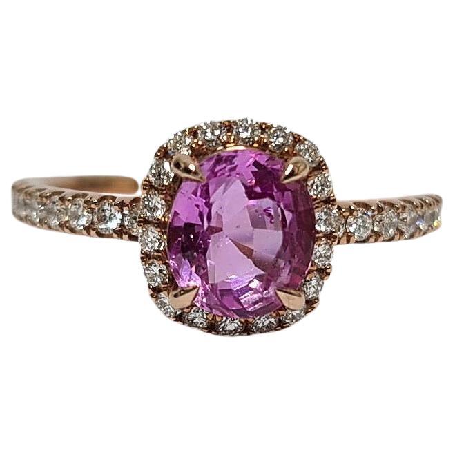 GFCO  Certified Unheated 1.51 Pink Sapphire with Natural Diamond Halo /Shank VVS F set in 18K Rose Gold Ring