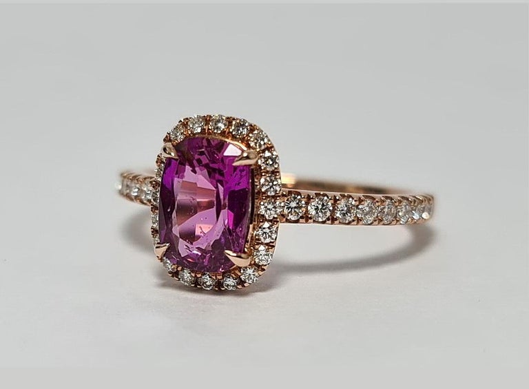 Art Deco GFCO Unheated Vivid  Pink Sapphire 1.48 Ct 18k Rose Gold Diamond Halo Ring For Sale