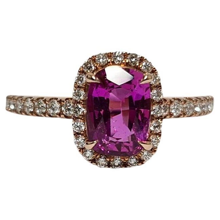GFCO Certified Unheated Vivid Pink 1.48 Sapphire,Natural Diamond Halo/Shank 18k White Gold Ring 