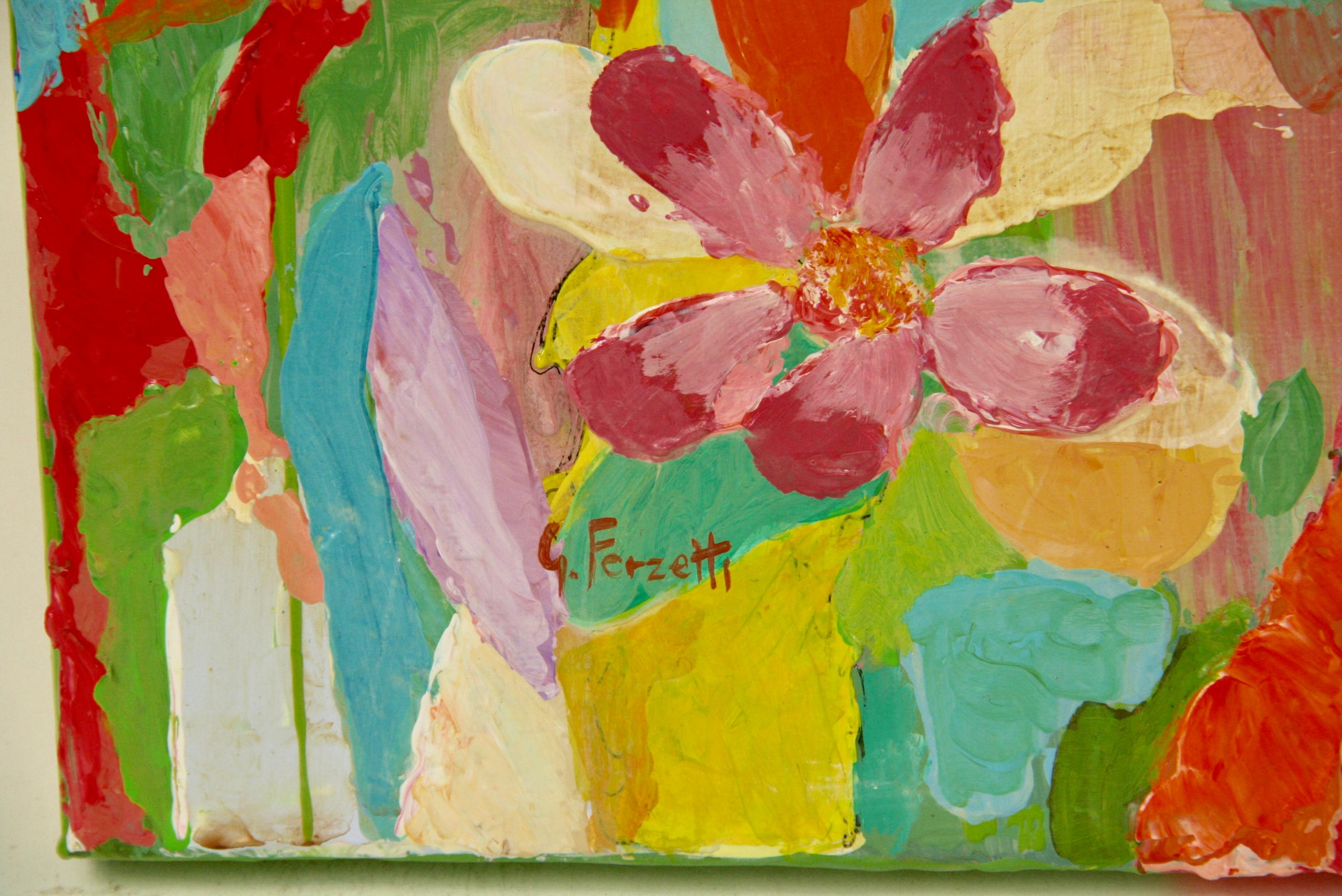 5-3119B  Blooming flowers in the spring garden  a bold  modern  oil on canvas executed with palettes technique unframed  ,signed  lower left by Italian artist G.Ferzetti