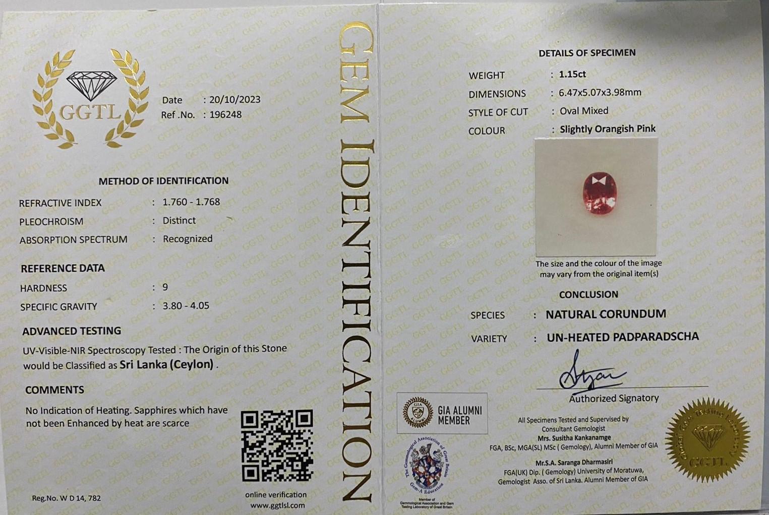 Certified 1.15 ct Padparadscha Sapphire No Heat Ceylon Origin Ring Stone 1