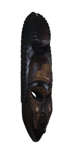 Ghana African Tribal Carved Hammered Copper Folk Art Warrior Face Mask 16"